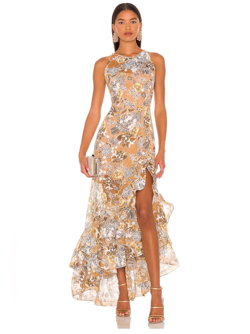 Bronx and Banco Sicilia Gold Floral Ruffle Maxi Dress Size Small